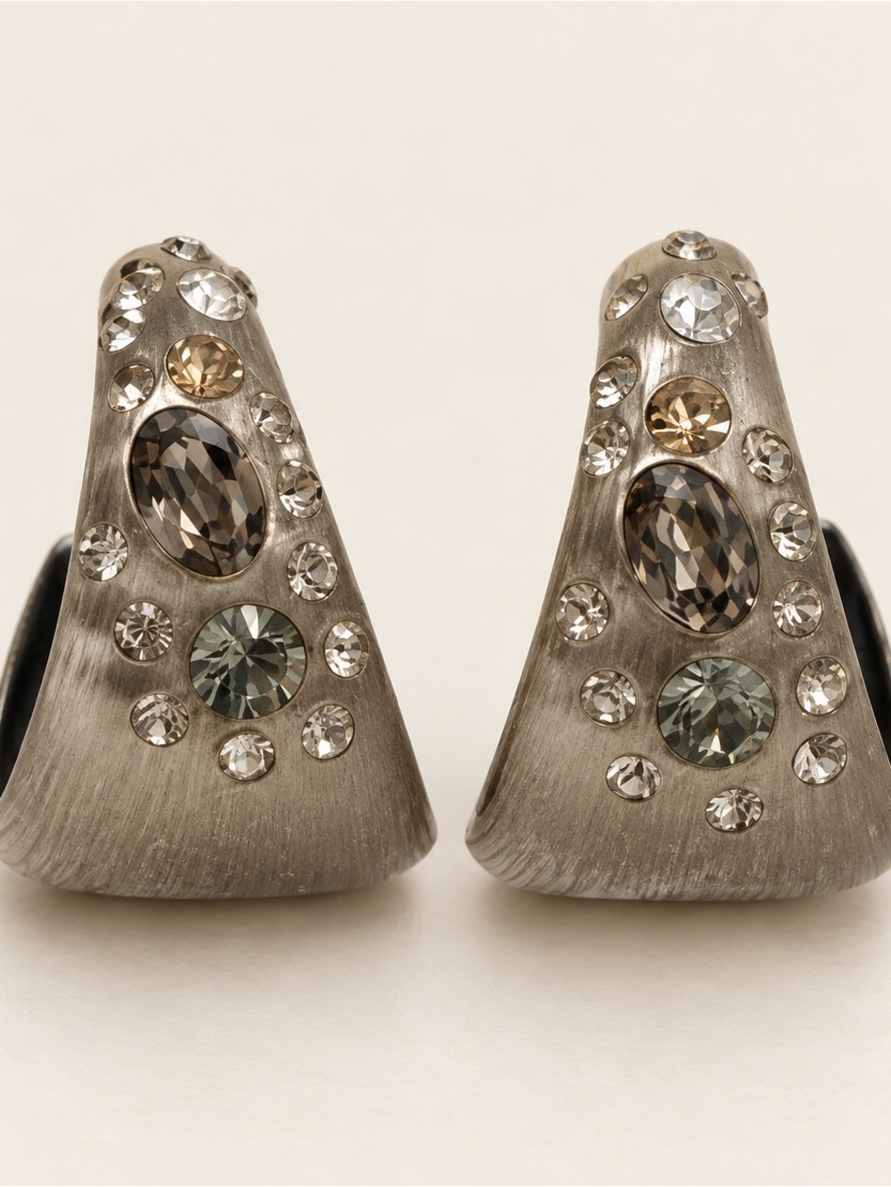 Brushed Silver-Tone Cone Earrings with Champagne, Smoky and Green Crystals